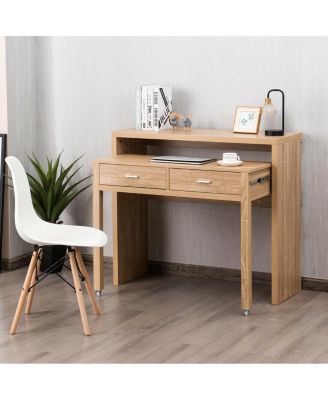 Extendable Computer Desk with Pull Out Secondary Desk-Natural