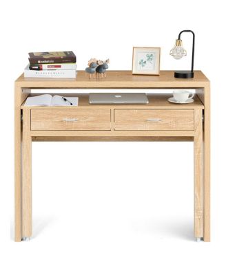 Extendable Computer Desk with Pull Out Secondary Desk-Natural