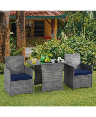 3PCS Outdoor Rattan Conversation Set Patio Dining Table Set w/ Navy Cushions