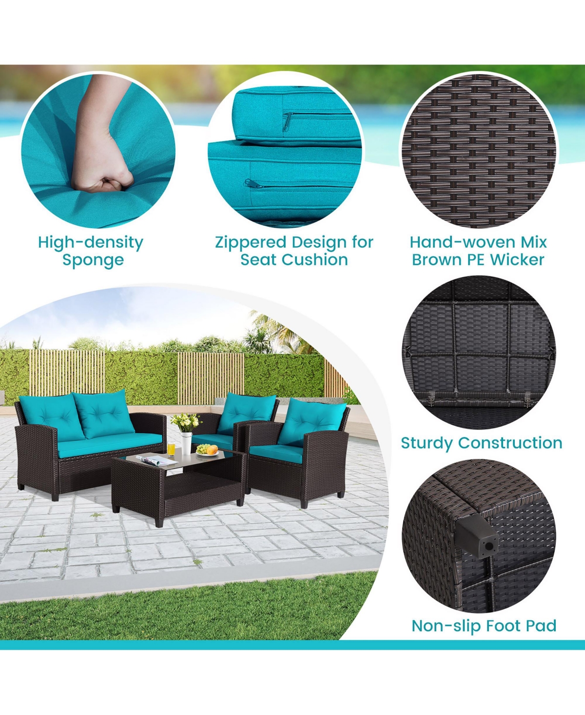 Gymax 4PCS Outdoor Conversation Set Patio Pe Rattan Set w/ Glass Table & Sofa Cushions