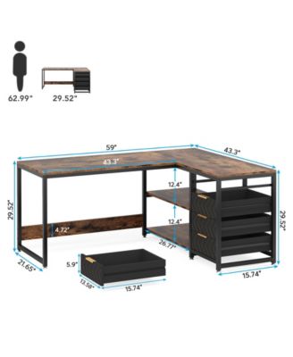 L Shaped Computer Desk with Storage Drawers, 59 inch Corner Desk with Shelves, Reversible L-Shaped Office Desk Study Writing Table Workstation for Home Office