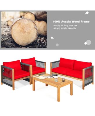4PCS Acacia Wood Outdoor Patio Furniture Conversation Set W/ Red Cushions