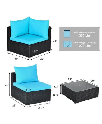 7PCS Rattan Patio Conversation Set Sectional Furniture Set w/ Blue Cushion