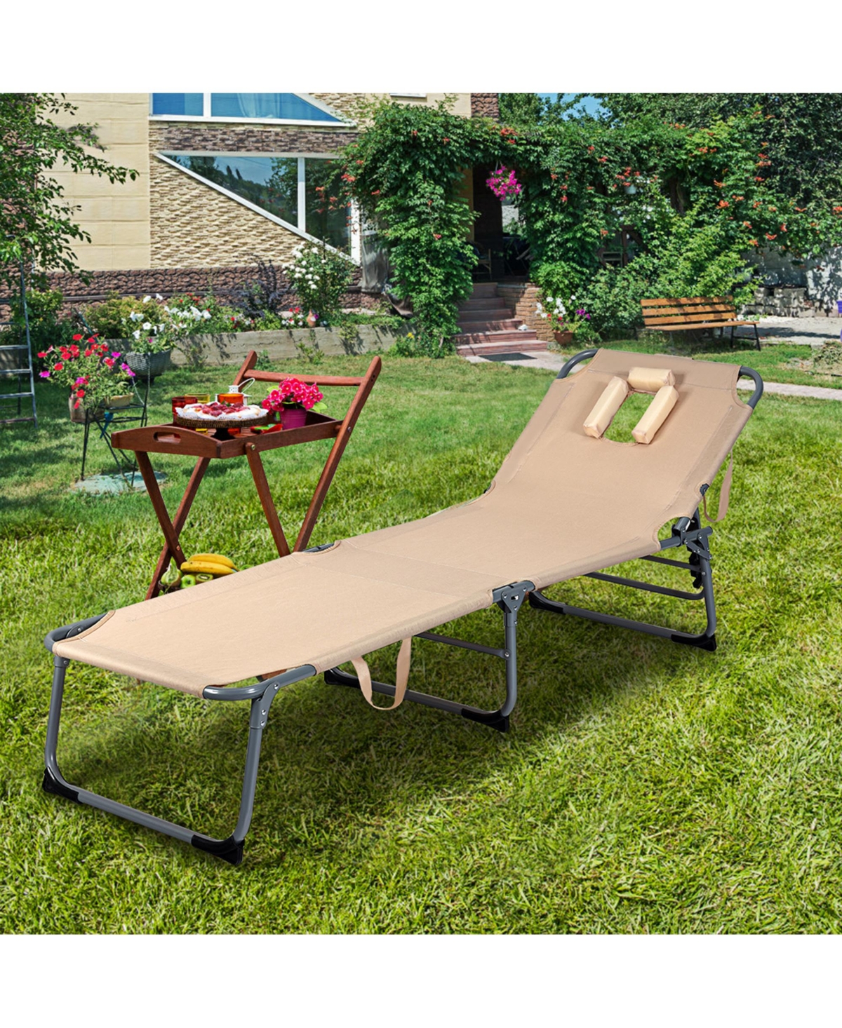 Gymax Folding Chaise Lounge Chair Bed Adjustable Outdoor Patio Beach Camping Recliner Beige