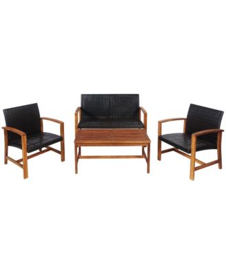 4PCS Patio Conversation Set Outdoor Furniture Set w/ Acacia Wood Frame