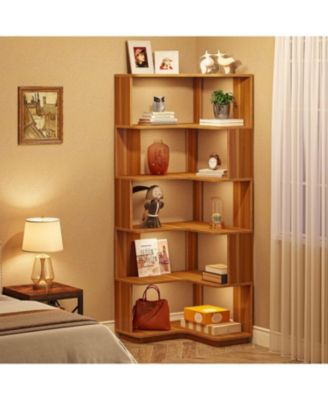 6 Tier Corner Bookshelf, 64.9 Inch Tall Industrial Corner Bookcase with Anti-Drop Panel, Freestanding Wood Grain Corner Shelf Display Rack Storage Organizer for Home Office