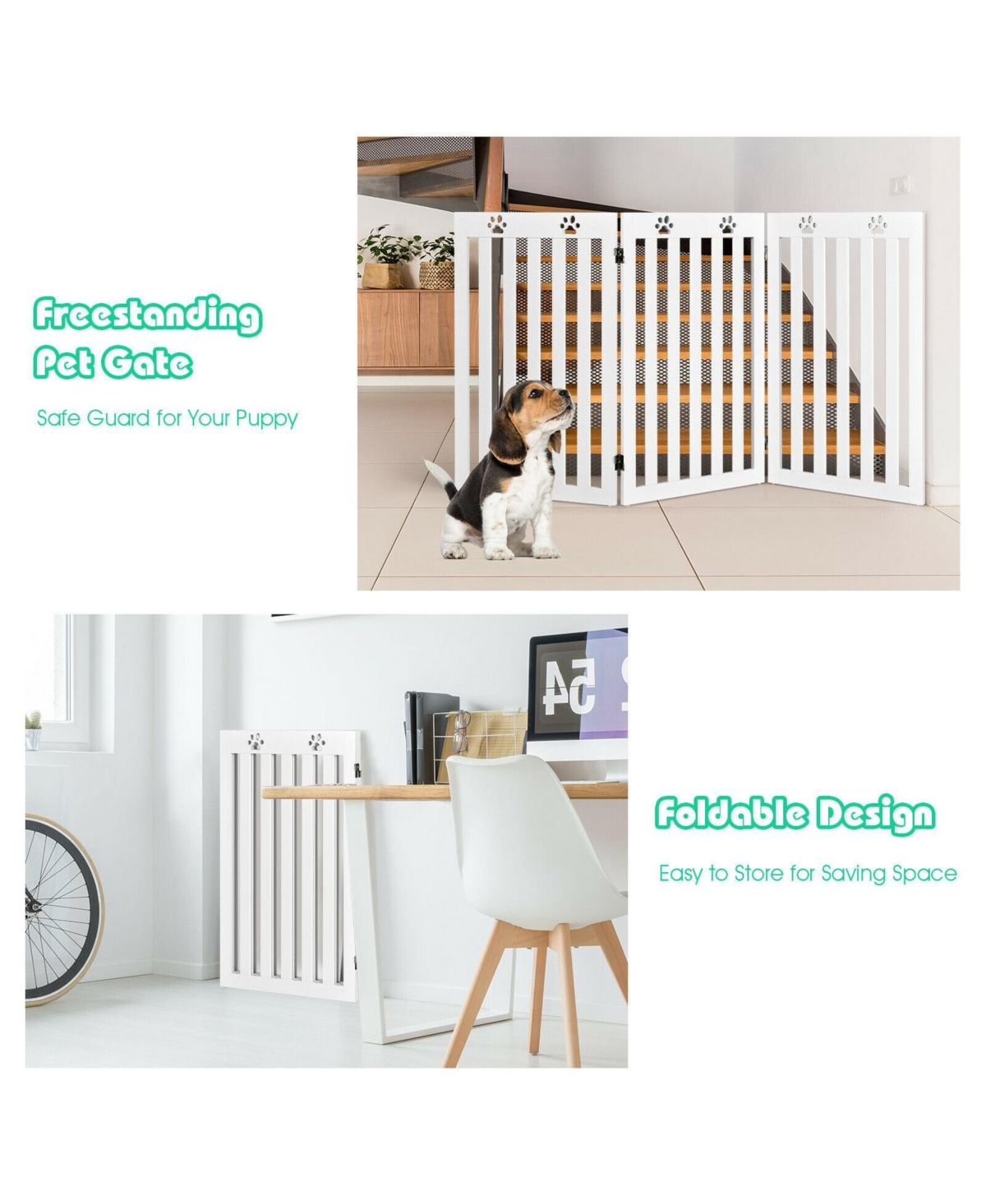 Sugift Folding Wooden Freestanding Pet Gate Dog Gate with 360° Flexible Hinge