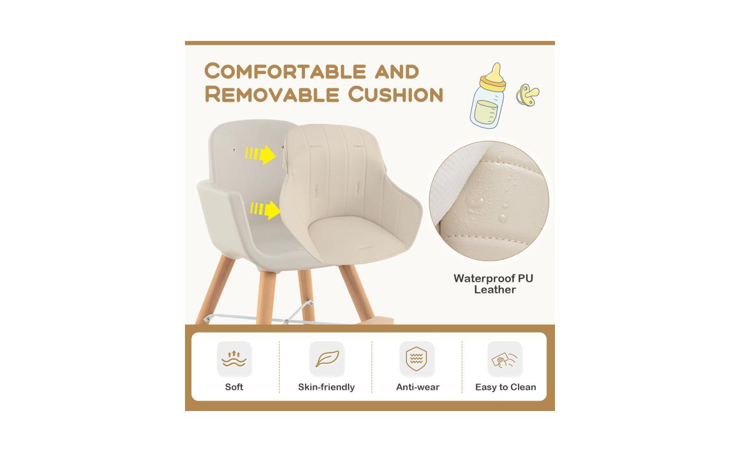 3 in 1 Convertible Wooden High Chair with Soft Cushion for Babies