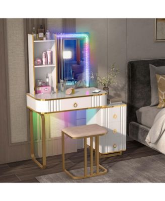 Vanity Table Set with RGB LED Lights Crystal Crush Diamond Mirror Drawers