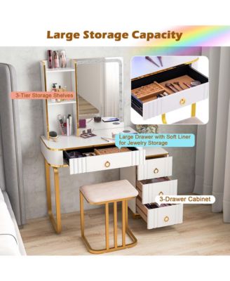 Vanity Table Set with RGB LED Lights Crystal Crush Diamond Mirror Drawers