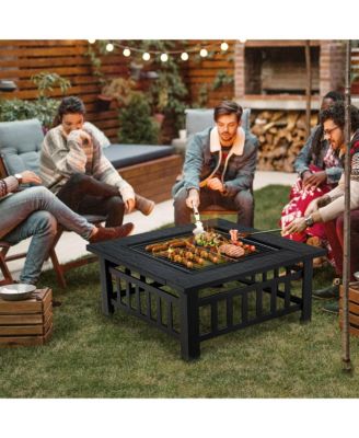 32'' 3 in 1 Outdoor Square Fire Pit Table W/ BBQ Grill Rain Cover for Camping