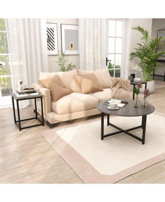 3 PCS Coffee Table Set Round Coffee Table and 2 PCS Square End Tables Metal Frame