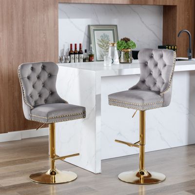 Streamdale Gray Velvet Swivel Bar Stools, Set of 2
