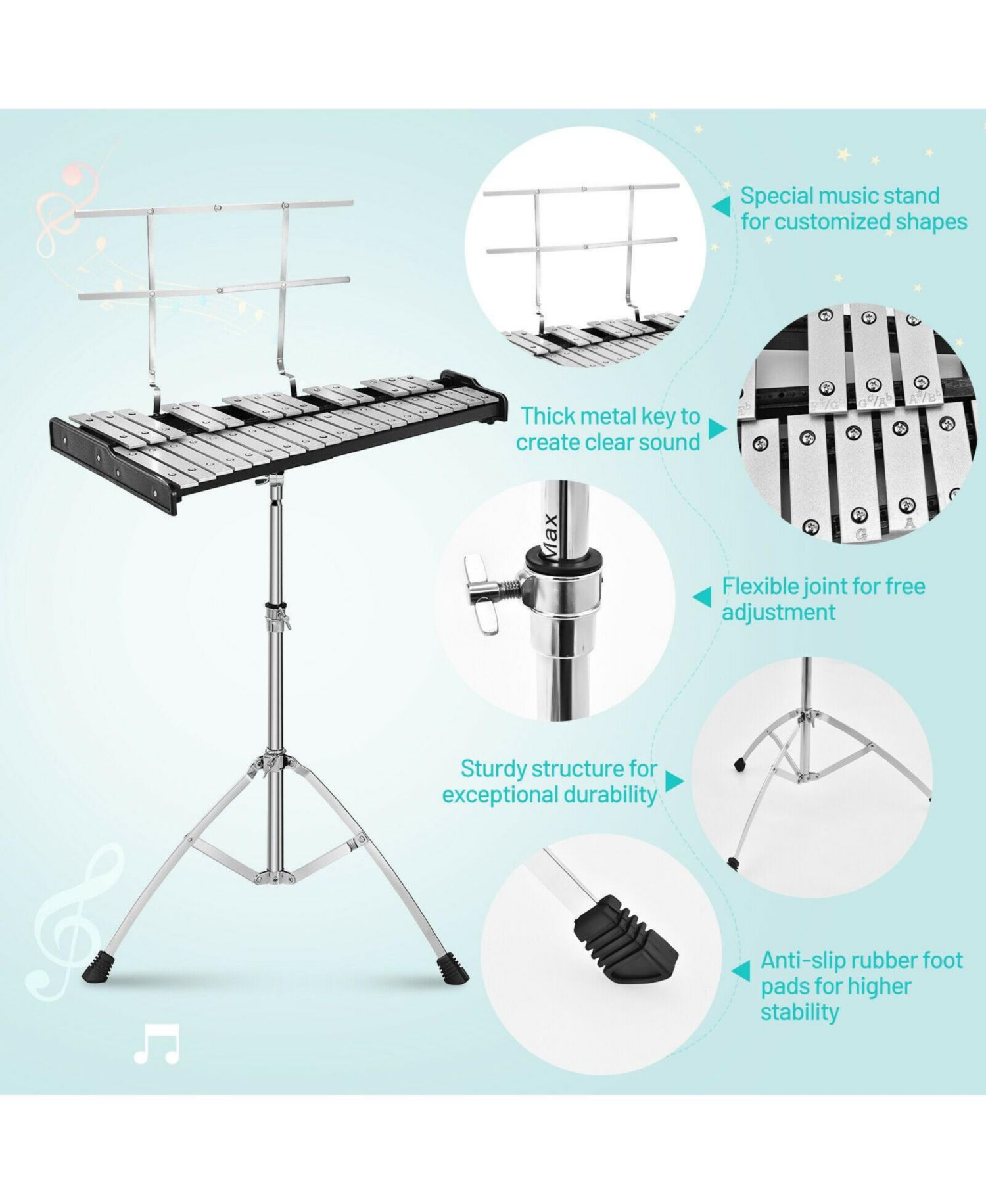 32-Note Glockenspiel Xylophone Percussion Bell Kit with Adjustable Stand