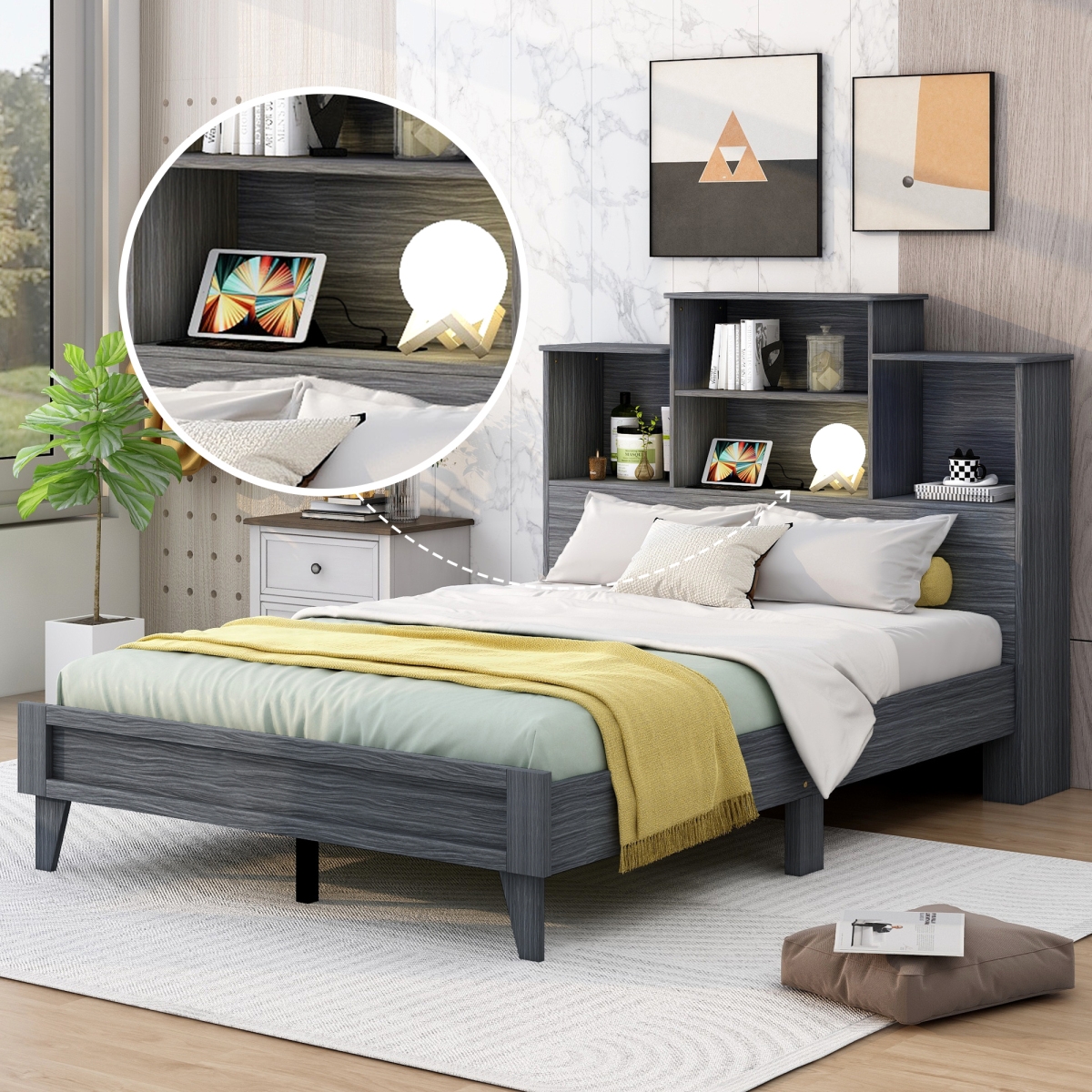 Streamdale Furniture Size Storage Platform Bed Frame With 4 Open Storage Shelves And Usb Charging Design