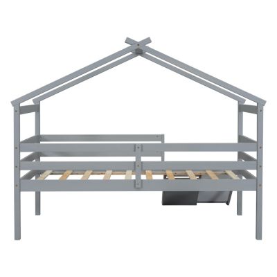 Twin Low Loft House Bed With Slide, Ladder, Safety Guardrails, House Roof Frame, Grey