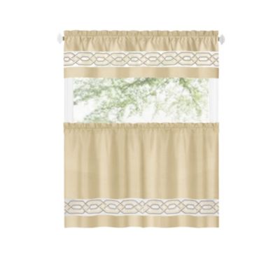 Pacifico Complete 3 Piece Rod Pocket Embroidered Tier and Valance Kitchen Curtain Set