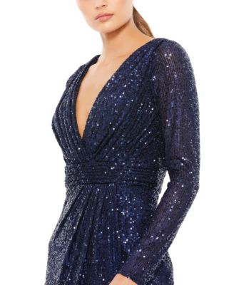 Women's Floor-Length Sequin Gown Featuring Long Sleeves and Sheer Accents