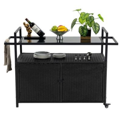 Streamdale Wicker Bar Cart with Wheels, Glass Top
