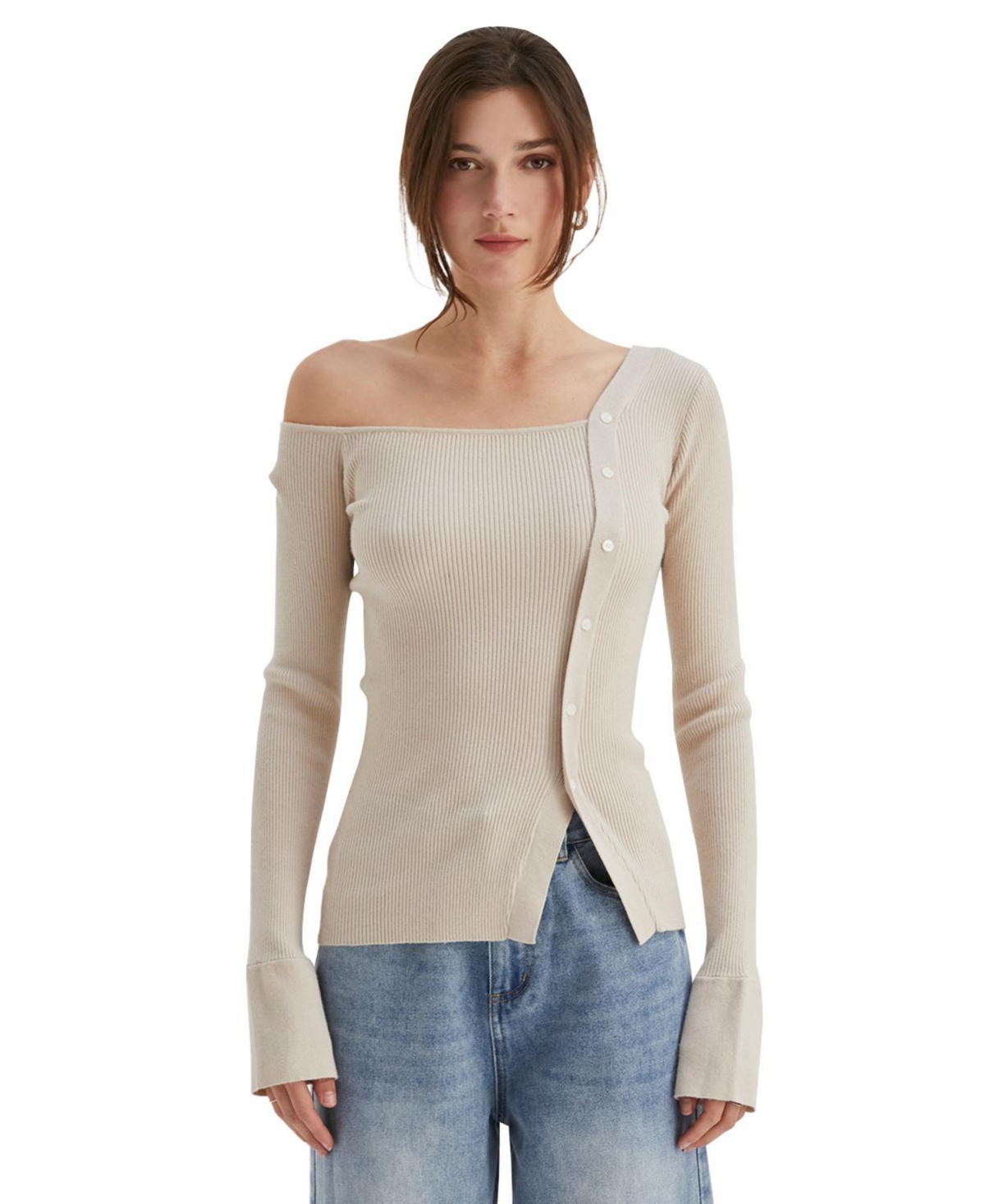 Crescent Women's Sienna Asymmetric Shoulder Knit Top - Open white + cream
