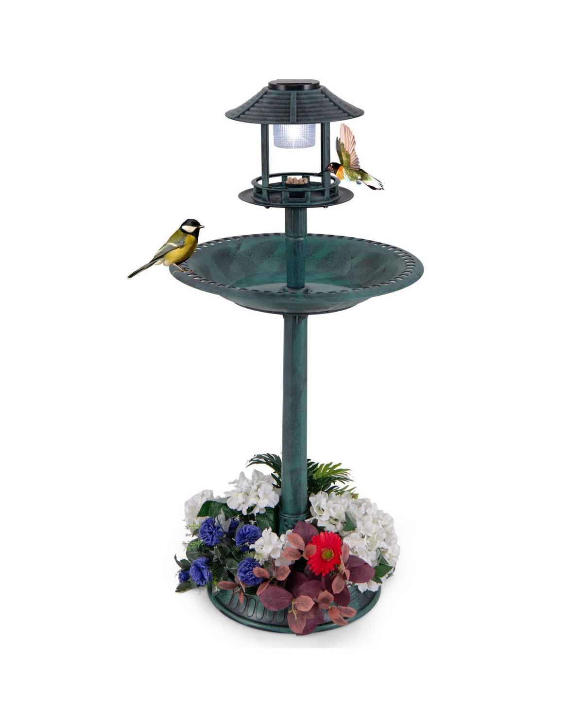 Pedestal Bird Bath with Solar Light with Bird Feeder and Flower Planter - Green