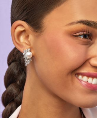 Cultured Freshwater Pearl (10mm) & Cubic Zirconia Drop Earrings in Sterling Silver