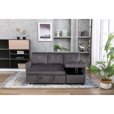 L-Shaped Velvet Sectional Sleeper Sofa, Dark