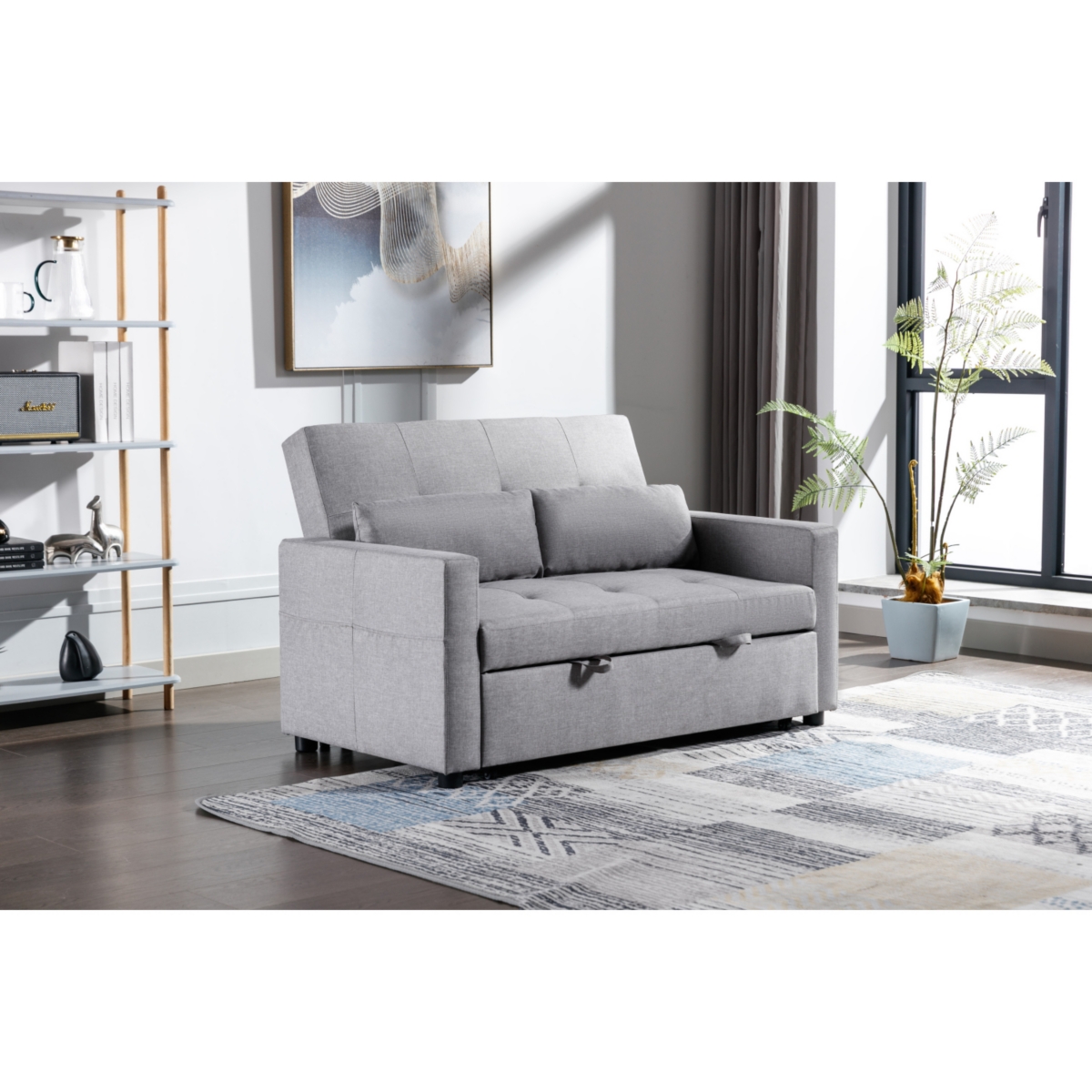 Streamdale FurnitureLinen Fabric 3-In-1 Convertible Sleeper Loveseat With Side Pocket - Light grey