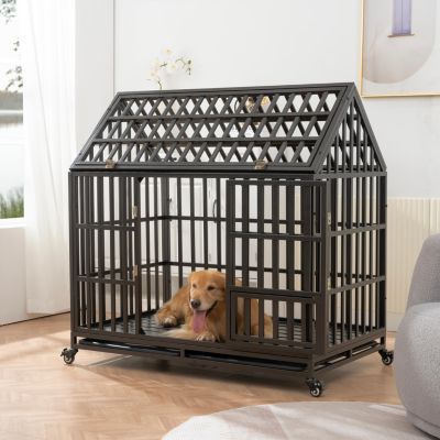 Heavy Duty Dog Cage Pet Crate With Roof & Window On Roof