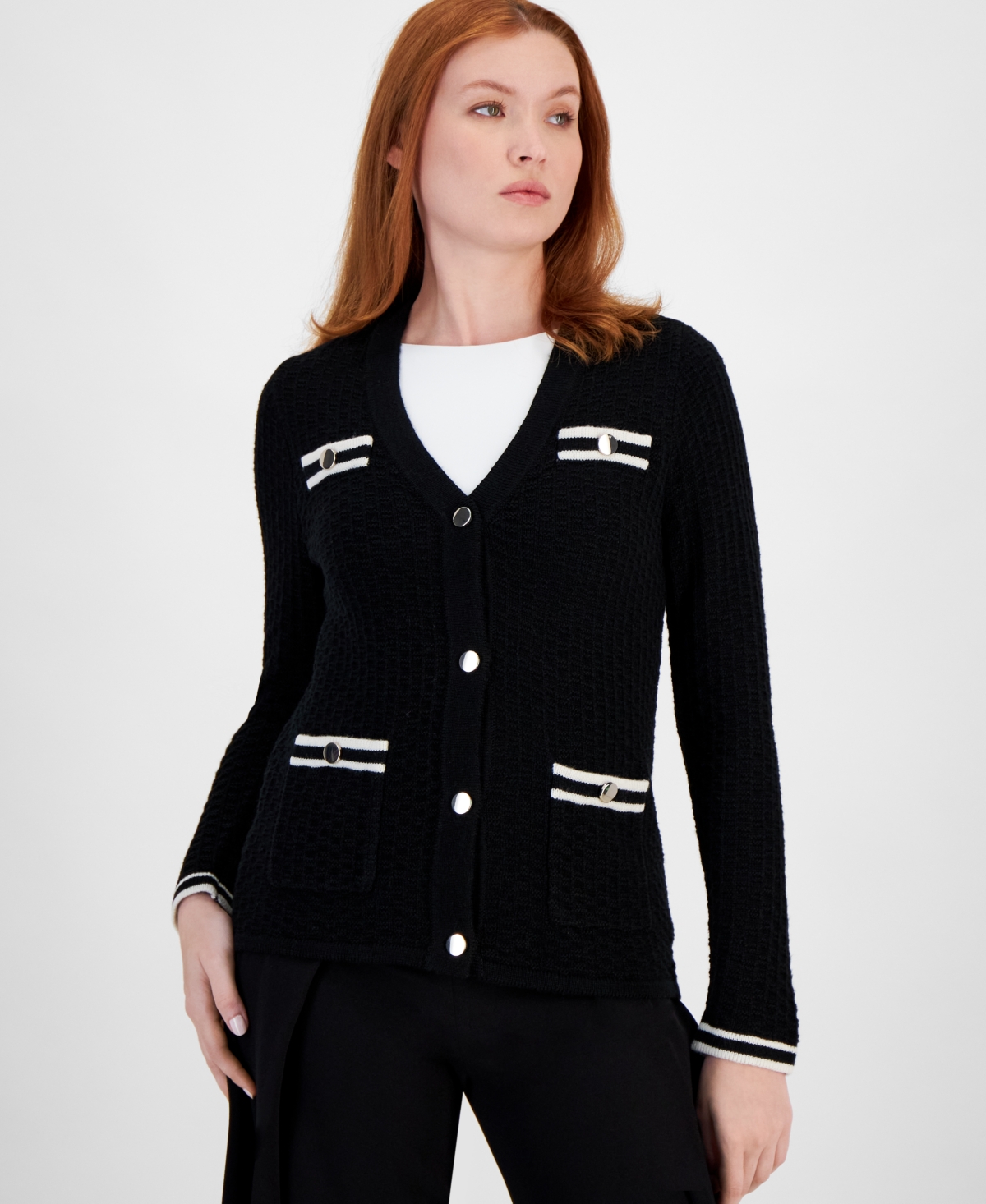 Anne Klein Women's Tipped Long-Sleeve Cardigan