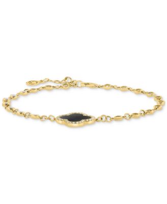 EFFY&reg; Onyx, White Topaz (1 ct. t.w.) & Diamond (1/8 ct. t.w.) Clover Link Bracelet in 14k Gold