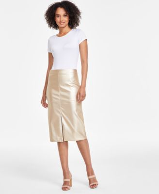 Anne Klein Women s Slit Front Faux Leather Midi Skirt Macy s