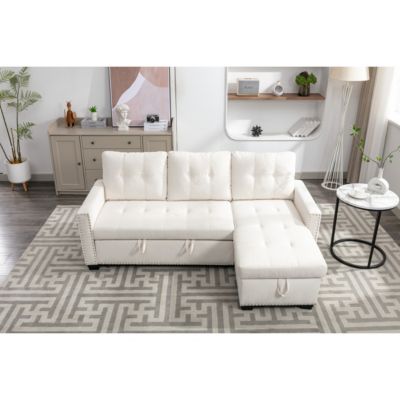 77" Reversible Sleeper Sectional With Storage, Beige Velvet