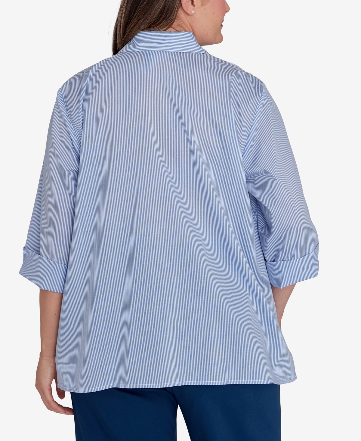 Alfred Dunner Plus Size Classic Embroidered Pinstripe Button Front Top