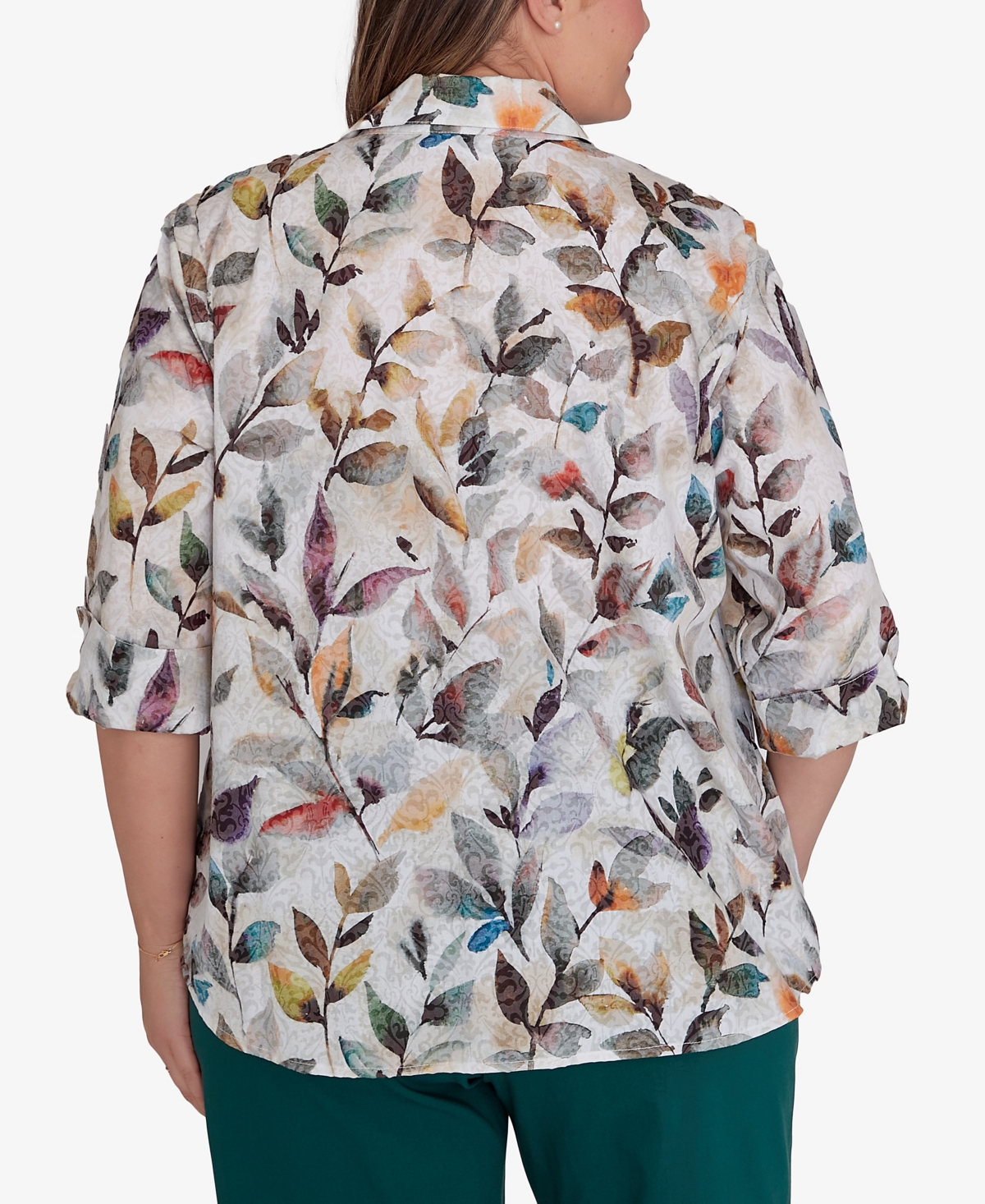 Alfred Dunner Plus Size Classic Watercolor Leaf Button Front Top