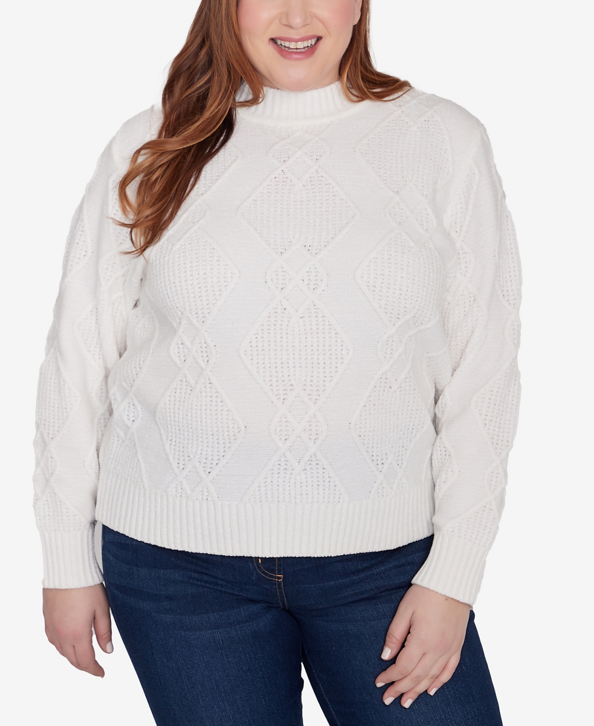 Plus Size Classic Chenille Diamond Stitch Turtleneck Sweater - Ivory