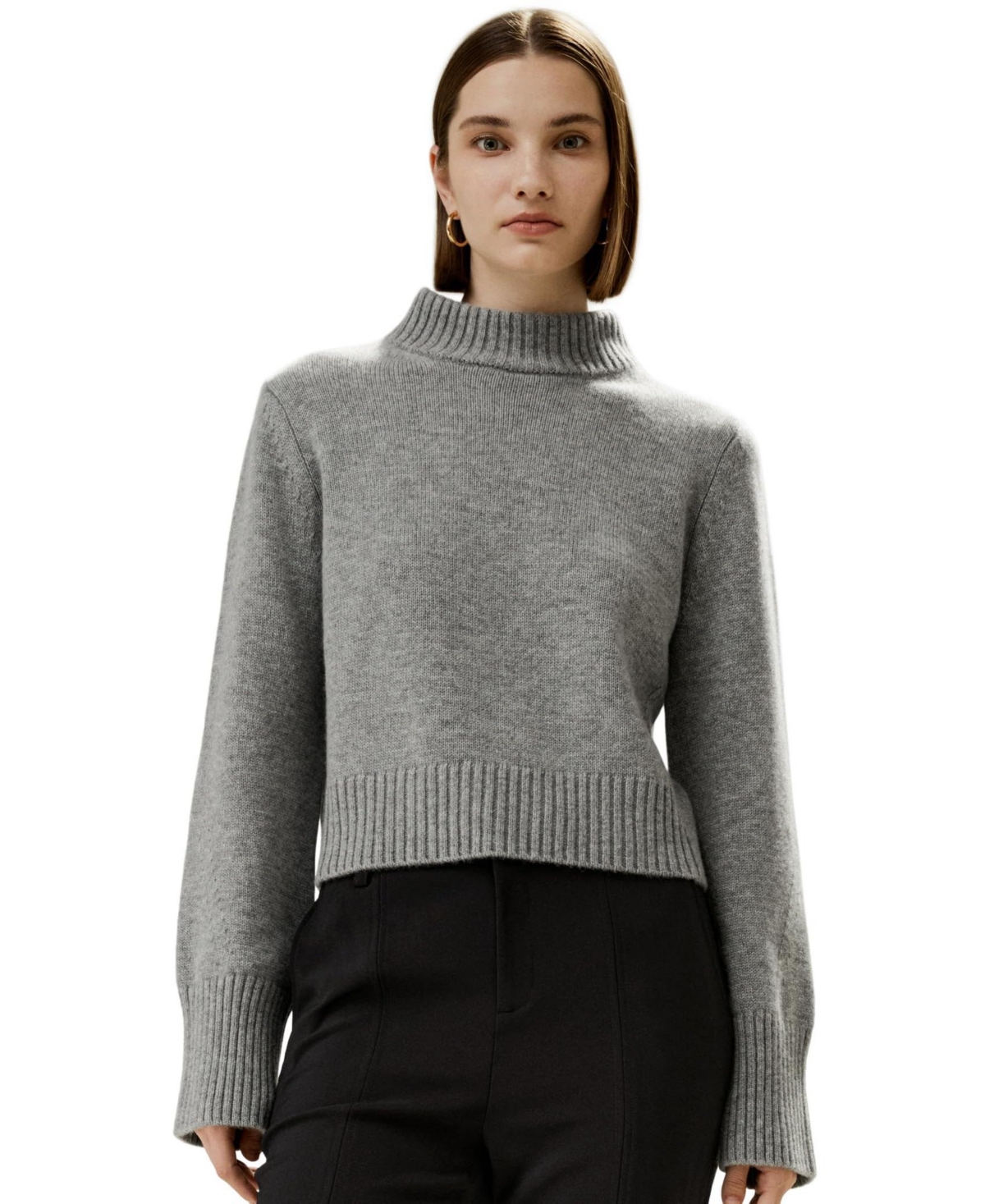 Women's Ribbed Collar and Hemline Wool Cashmere Sweater for Women - Black