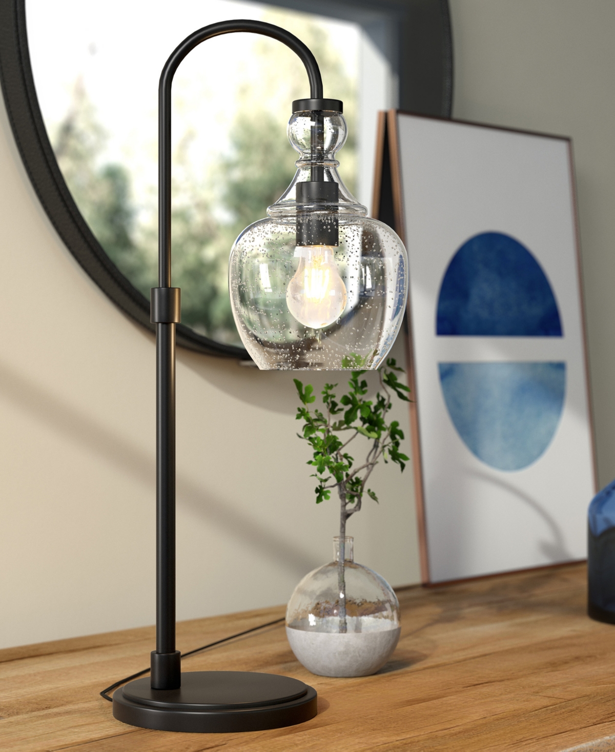 Hudson & Canal Verona 27" Tall Arc Table Lamp With Glass Shade In Blackened Bronze