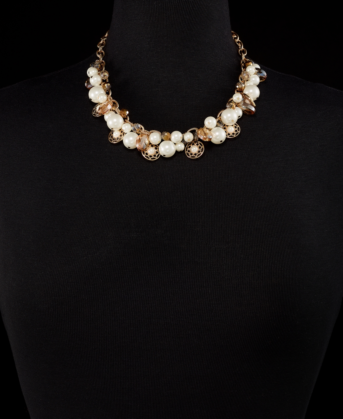 Charter Club Gold-Tone Bead & Imitation Pearl Charm Statement Necklace, + extender, Created for Macy's