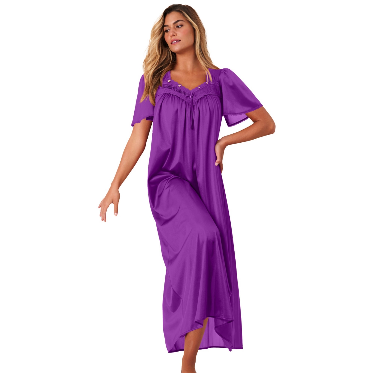 Only Necessities Plus Size Long Silky Lace-Trim Gown - Sweet coral flower