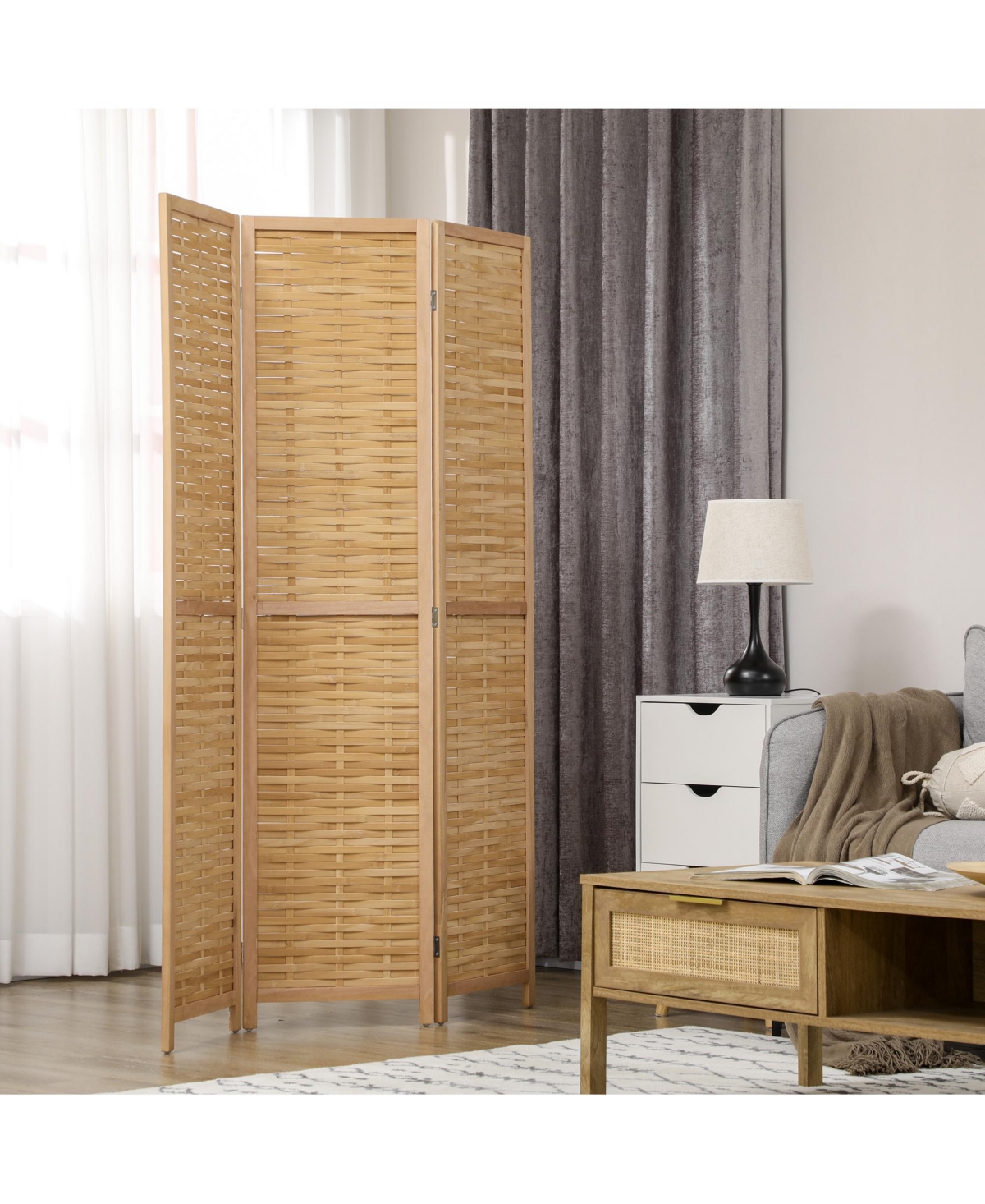 Homcom Bamboo Woven 3 Panel Room Divider, 5.5', Natural