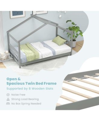Twin Size House Bed with Roof Wooden Low Floor Bed No Box Spring Needed