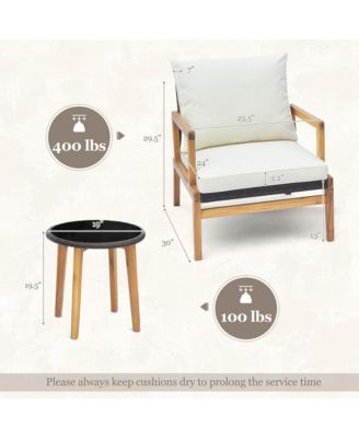 3 PCS Outdoor Furniture Set with Cushioned Chairs and Tempered Glass Side Table