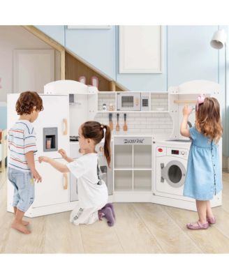 Corner Play Kitchen Toddler Kitchen Playset with Range Hood, Ice Maker, Microwave