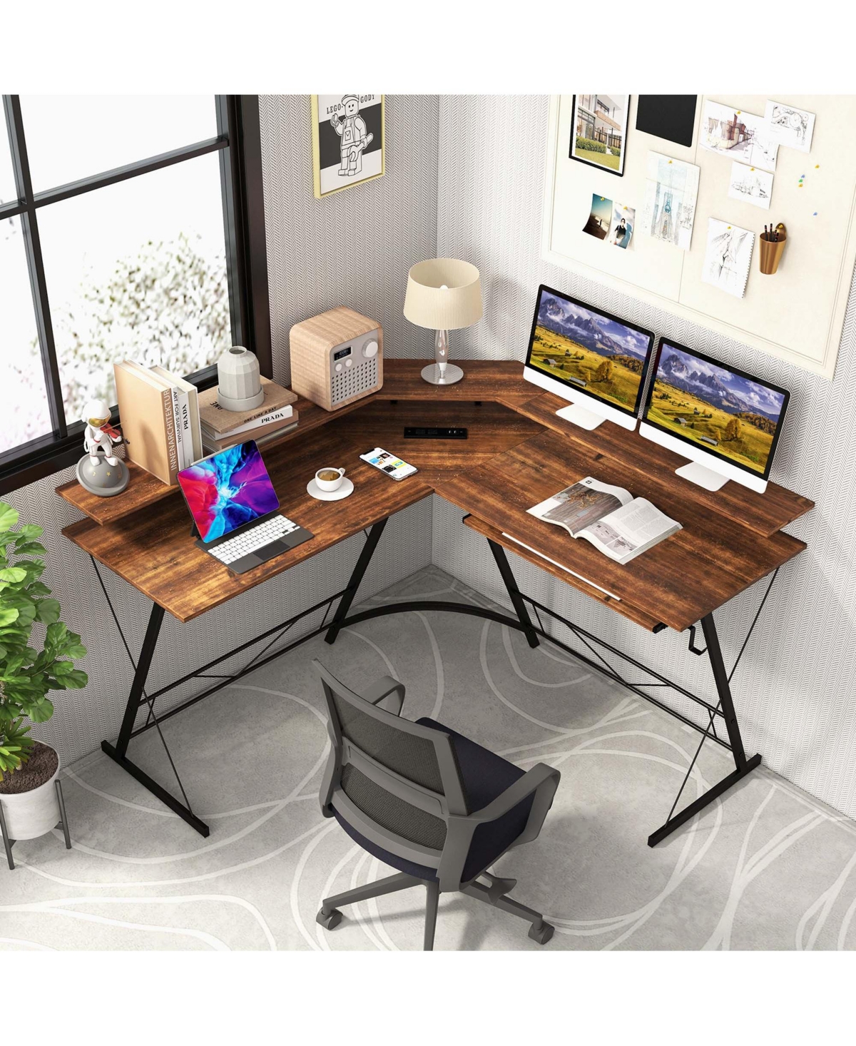 Costway L-shaped Computer Desk with Power Outlet Corner Computer Workstation Rustic