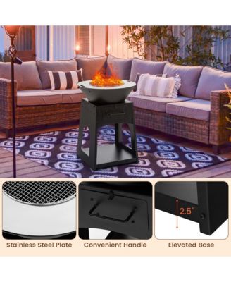 24" Heavy Duty Fire Pit with firewood rack Fire Poker Gloves Grilling Rack Outdoor