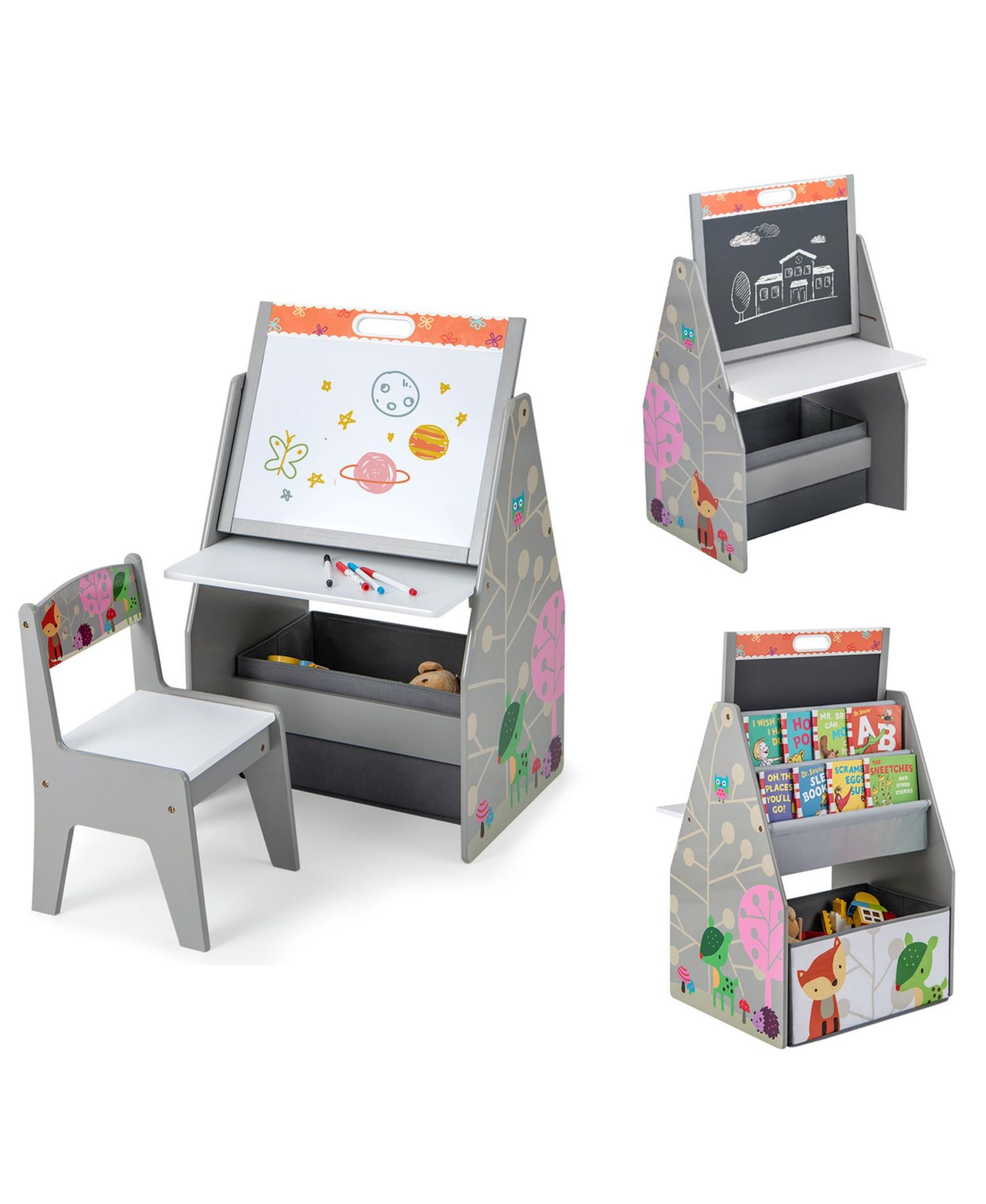 Kids Table & Chair Set with Rotatable Double-sided Magnetic Blackboard & Whiteboard