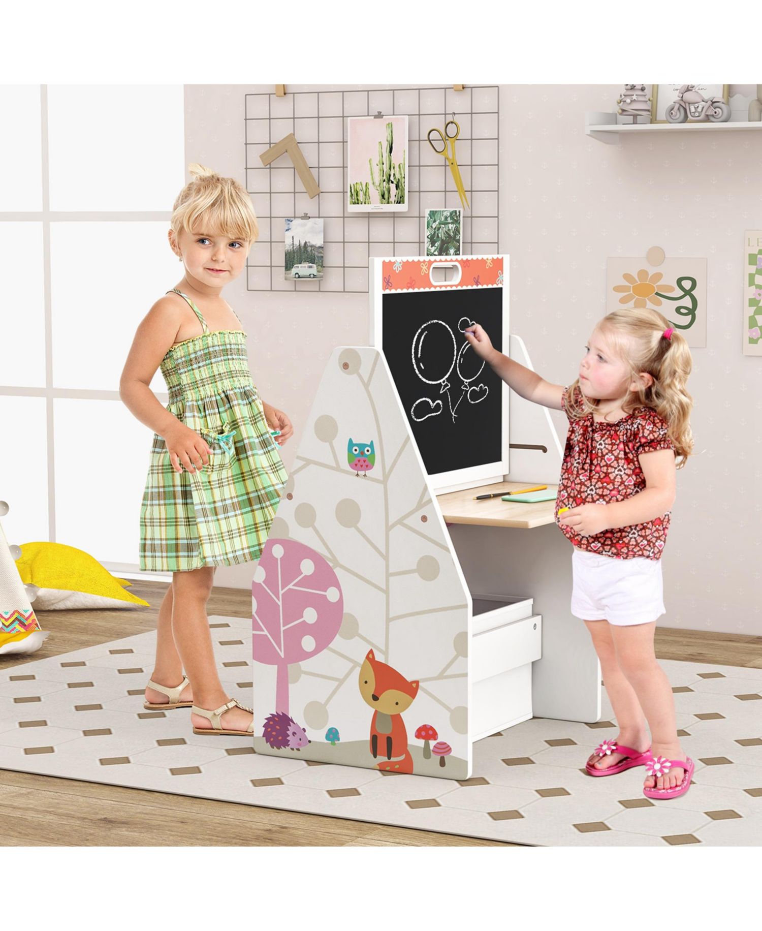 Kids Table & Chair Set with Rotatable Double-sided Magnetic Blackboard & Whiteboard