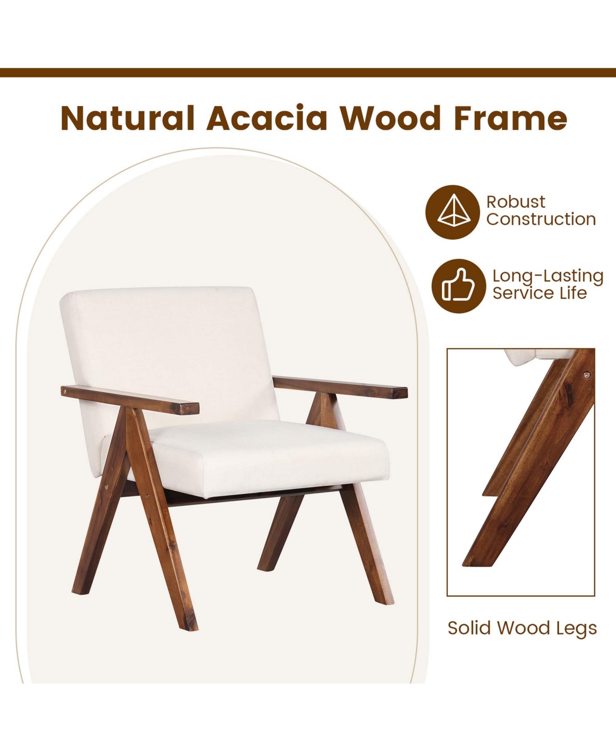 Costway 2 Pcs Modern Accent Chair Linen Fabric Armchair with Solid Acacia Wood Frame -khaki