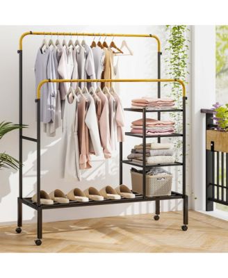 Rolling Clothes Drying Rack Double Rods Garment Rack with Height Adjustables